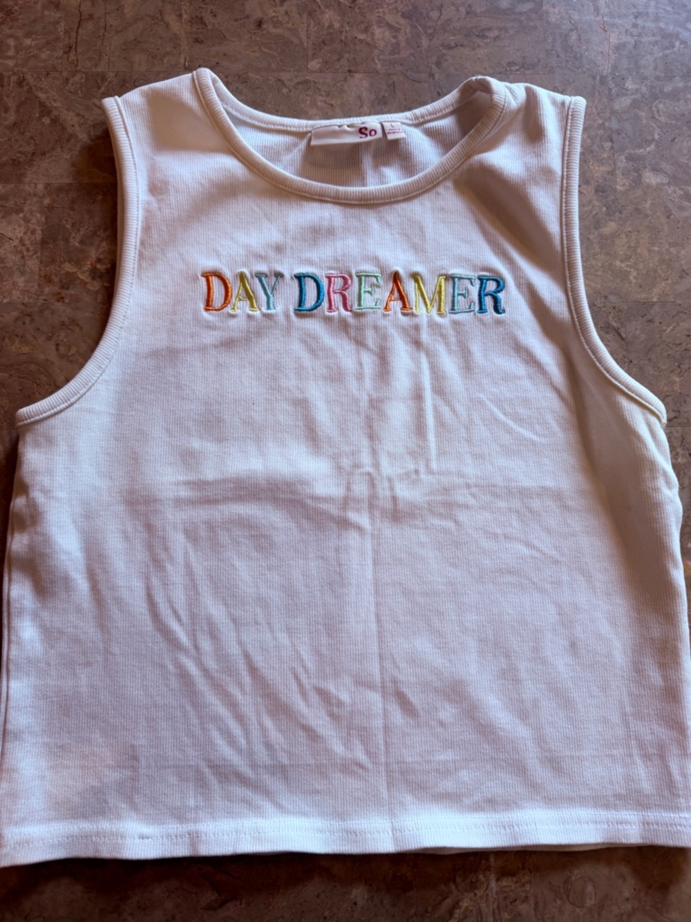 SO White Ribbed Tank with Multicolor "DAY DREAMER" Embroidery